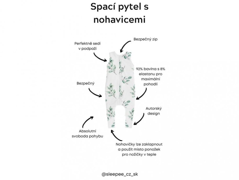 Celoročný spací vak s nohavicami Sleepee Jungle Plant/Čierne bodky XS