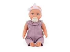 LullaBaby Bábika 35 cm v overale s čelenkou Lila