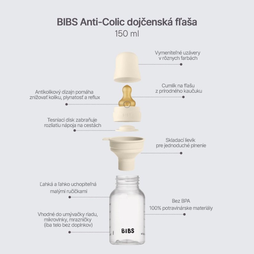BIBS set antikolikových dojčenských fliaš s kaučukovým cumlíkom (Ivory)