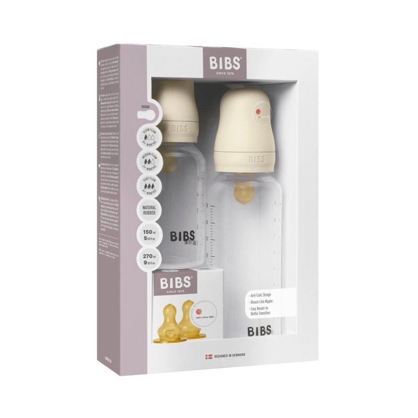 BIBS set antikolikových dojčenských fliaš s kaučukovým cumlíkom (Ivory)