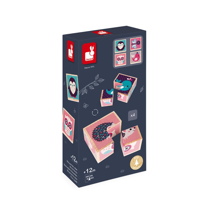 Janod Lesene kocke Baby Forest fairy od 1 leta 4 kosi