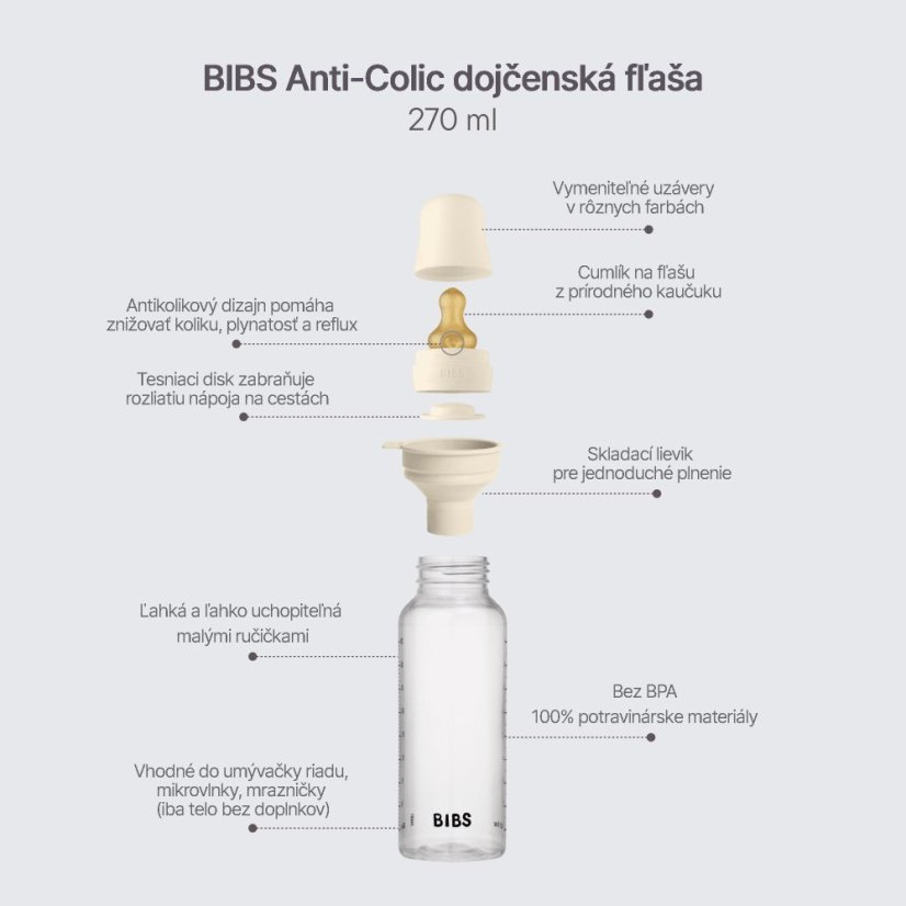 BIBS set antikolikových dojčenských fliaš s kaučukovým cumlíkom (Ivory)