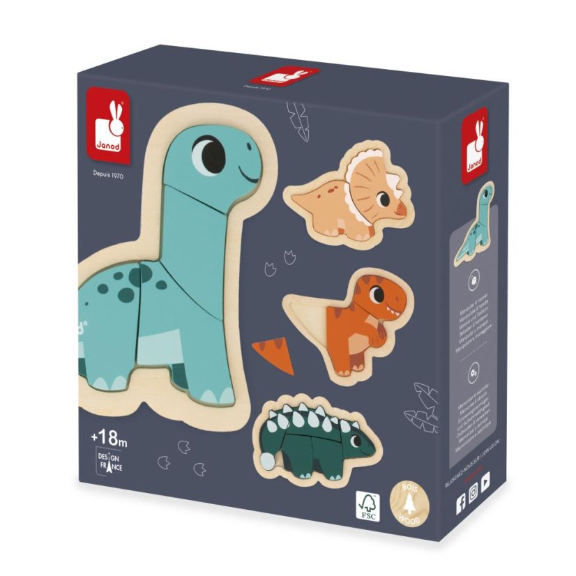 Janod Drevené vkladacie puzzle Dinosaury 4v1 Dino