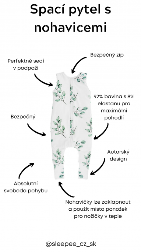 Celoroční spací vak s kalhotami Sleepee Eukalyptus/Černé tečky - Věk: 3 - 4 roky