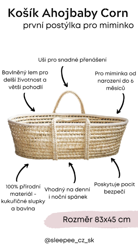 Ahojbaby Mojžíšův košík pro miminko Corn Natural + oboustranná matrace Airdream